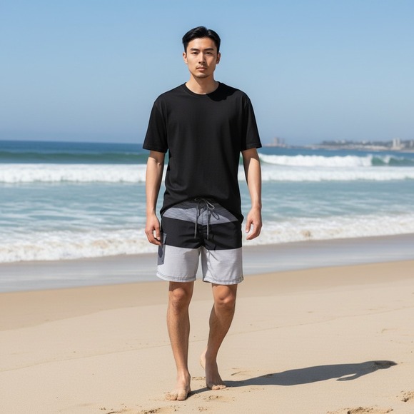 George Other - George Mens Board Shorts Grey Black Striped Colorblock Swim Trunks M 32-34 NWT